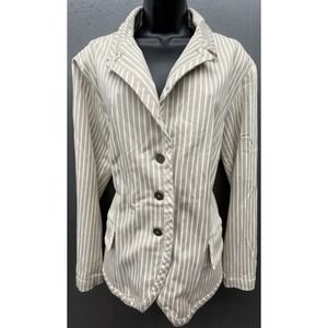 Chicos Jacket Sz 3/XL Denim Beige Stripe Cotton Stretch Pocket Preppy Blazer New